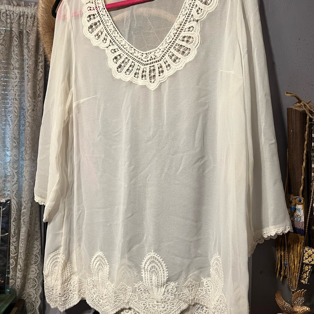 Coldwater Creek large ivory and lace sheer blouse